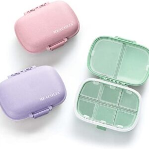 MEACOLIA 3 Pack 8 Compartments Travel Pill Organizer Moisture Proof Small Pill Box for Pocket Purse Daily Pill Case Portable Medicine Vitamin Holder Container (Purple, Green, Pink)