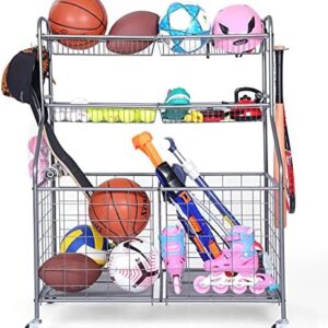 Kinghouse Garage Sports Equipment Organizer, Sports Equipment Storage for Garage with Baskets and Hooks, Rolling Basketball Racks for Balls with Wheels, Outdoor Toy Storage