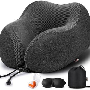 MLVOC Travel Pillow 100% Pure Memory Foam Neck Pillow, Comfortable & Breathable Cover, Machine Washable, Airplane Travel Kit with 3D Contoured Eye Masks, Earplugs, and Luxury Bag, Standard (Black)
