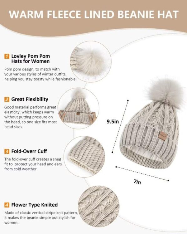 Womens Beanie Hat Scarf Gloves Set, Fleece Lined Winter Hat with Pom Pom, Long Knit Scarf Touchscreen Gloves for Cold Weather - Image 2